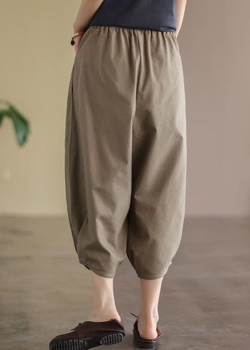 Coffee Loose Linen Harem Pants Elastic Waist Drawstring Summer