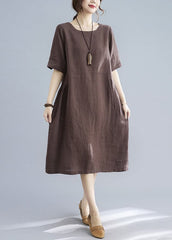 Coffee Solid Original Design Pocket Linen Holiday Dress Short Sleeve