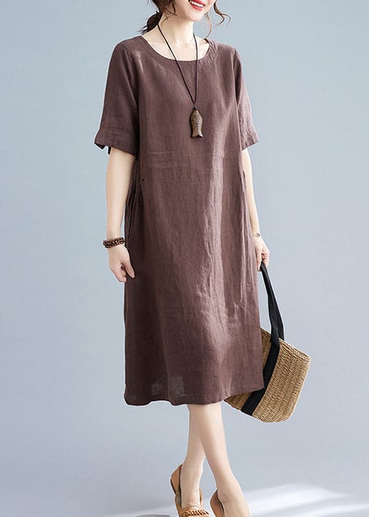 Coffee Solid Original Design Pocket Linen Holiday Dress Short Sleeve