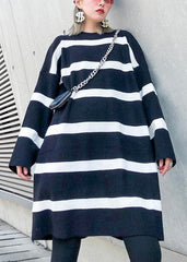 Cozy black white striped knitwear o neck baggy sweater tops