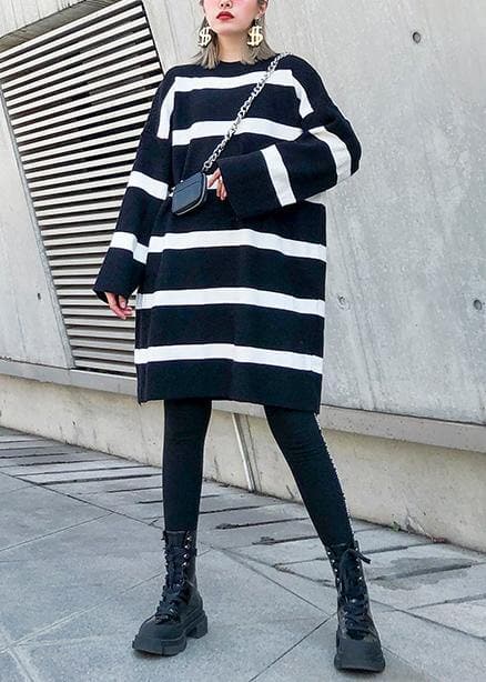 Cozy black white striped knitwear o neck baggy sweater tops