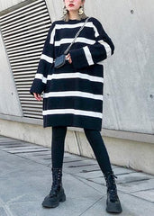 Cozy black white striped knitwear o neck baggy sweater tops