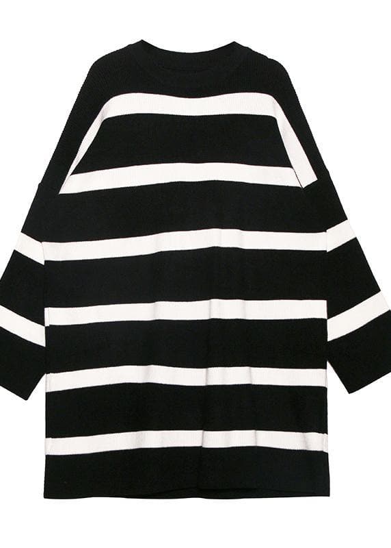 Cozy black white striped knitwear o neck baggy sweater tops