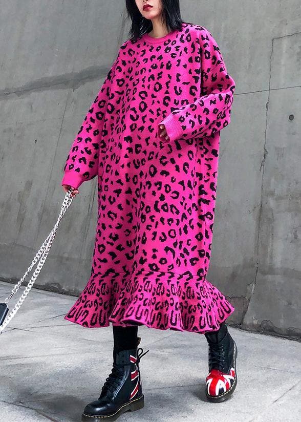 Cozy rose Leopard Sweater weather Vintage stand collar Hole Tejidos sweater dress