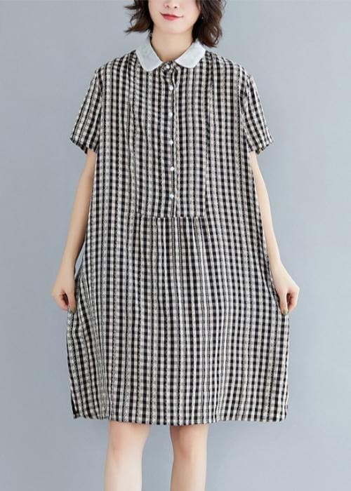 DIY Peter pan Collar Cotton summer clothes For Women black plaid Dress