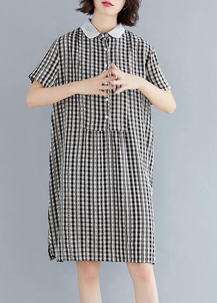 DIY Peter pan Collar Cotton summer clothes For Women black plaid Dress