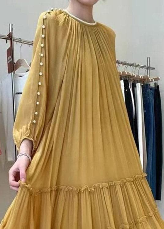 DIY Yellow O-Neck Nail bead Ruffled Silk Dress Long Sleeve