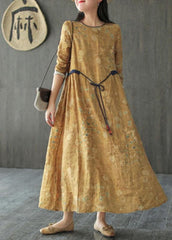 DIY Yellow O-Neck Print Tie Waist Long Sleeve Fall Dress