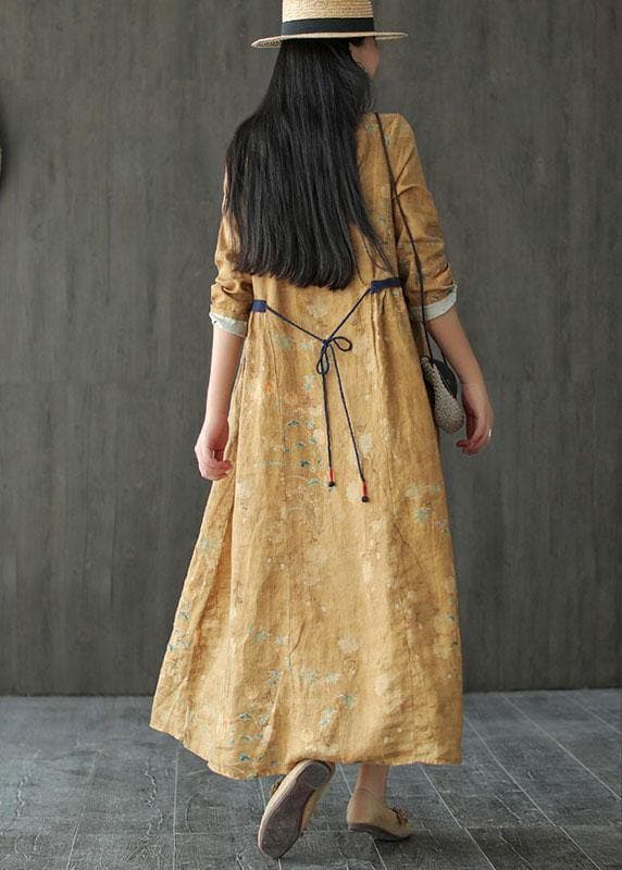 DIY Yellow O-Neck Print Tie Waist Long Sleeve Fall Dress