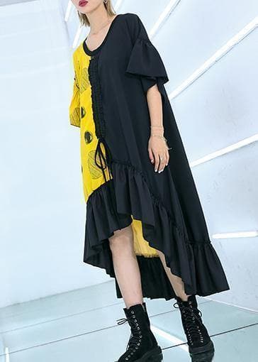 DIY black asymmetric cotton quilting dresses patchwork Traveling summer Dresses