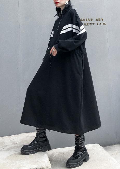 DIY black cotton clothes For Women stand collar patchwork long fall Dress