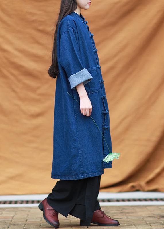 DIY denim blue tunic stand collar pockets Maxi Dress