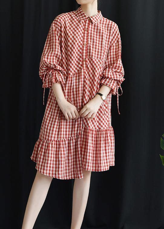 DIY lapel asymmetric Cotton dresses Fashion Ideas red Plaid Dress fall