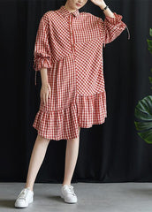 DIY lapel asymmetric Cotton dresses Fashion Ideas red Plaid Dress fall