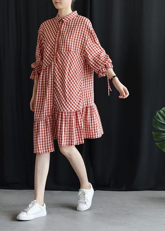 DIY lapel asymmetric Cotton dresses Fashion Ideas red Plaid Dress fall