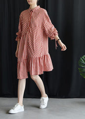 DIY lapel asymmetric Cotton dresses Fashion Ideas red Plaid Dress fall