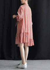 DIY lapel asymmetric Cotton dresses Fashion Ideas red Plaid Dress fall