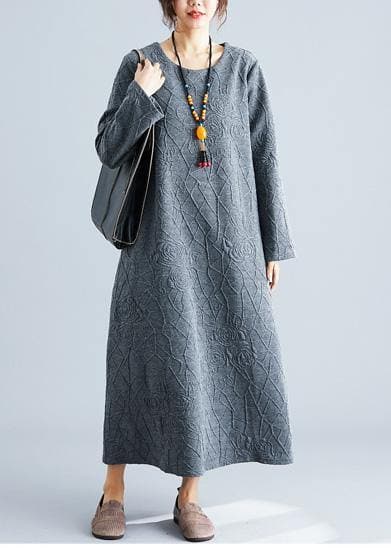 DIY o neck jacquard cotton tunic dress Catwalk gray Maxi Dress fall