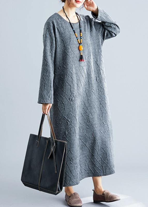 DIY o neck jacquard cotton tunic dress Catwalk gray Maxi Dress fall