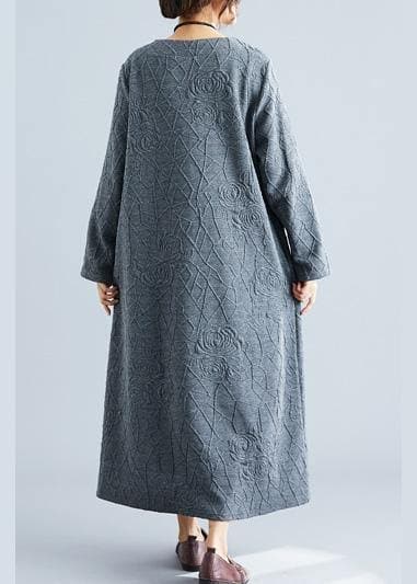 DIY o neck jacquard cotton tunic dress Catwalk gray Maxi Dress fall