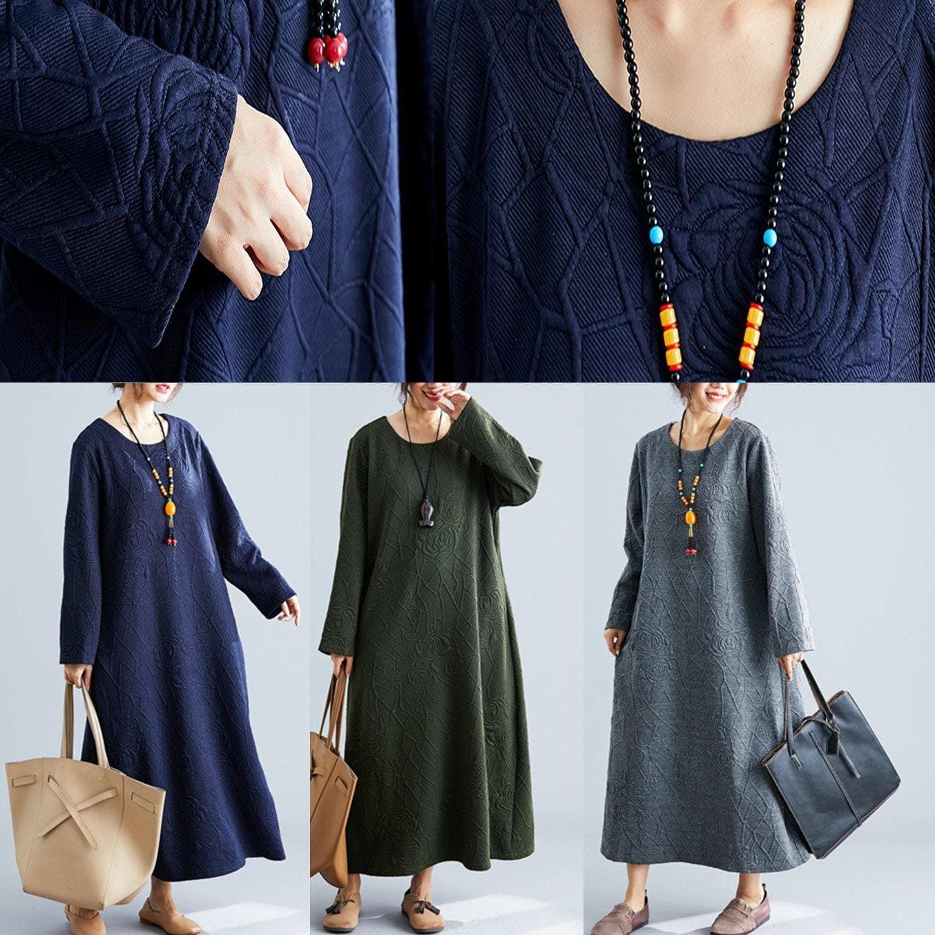 DIY o neck jacquard cotton tunic dress Catwalk gray Maxi Dress fall