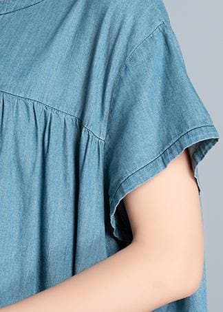 DIY o neck pockets Cotton short Sleeve denim blue Dress summer