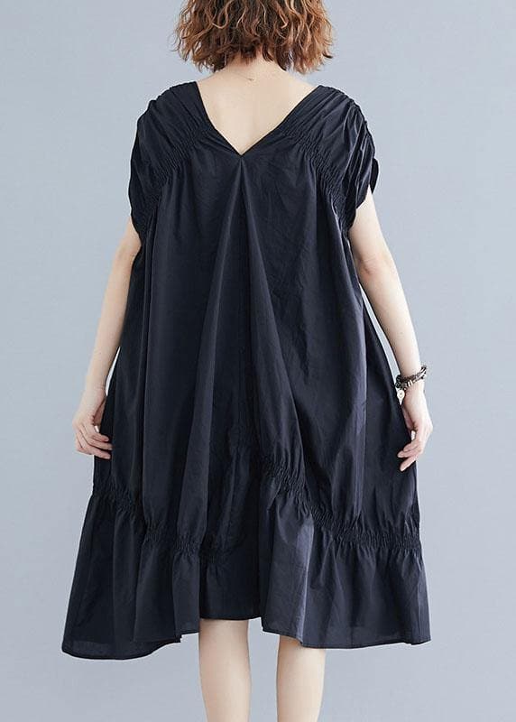 DIY v neck Cinched Cotton clothes Shape black Dresses