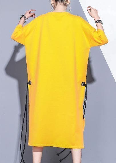 Robe courte en coton jaune à col rond DIY, robe d'été ouverte sur le côté