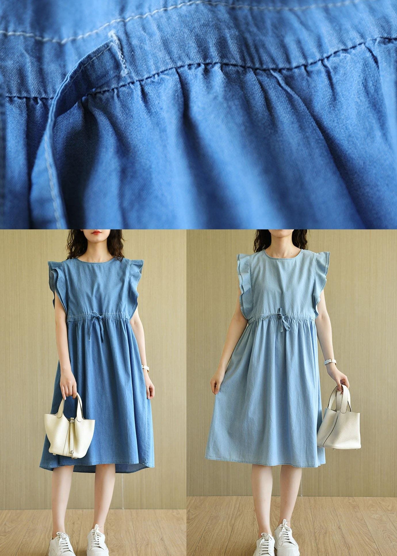 Robe d'été ample en coton bleu denim à manches papillon