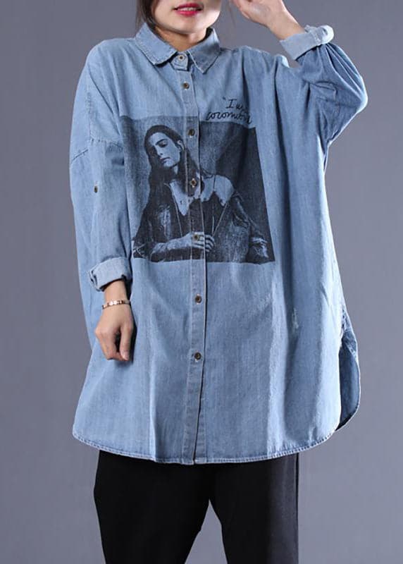 Denim Blue Loose Long Sleeve Women Shirt