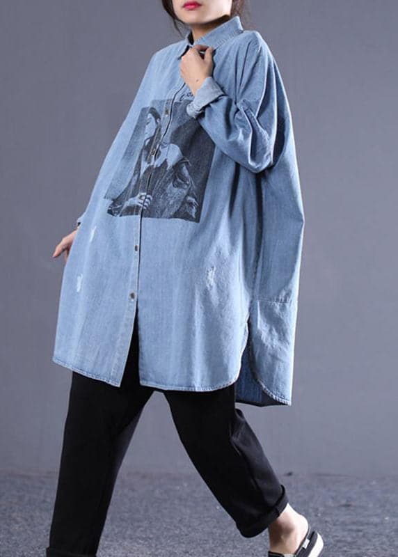 Denim Blue Loose Long Sleeve Women Shirt