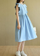 Denim Light Blue O-Necktie Waist Summer Cotton Dresses Sleeveless