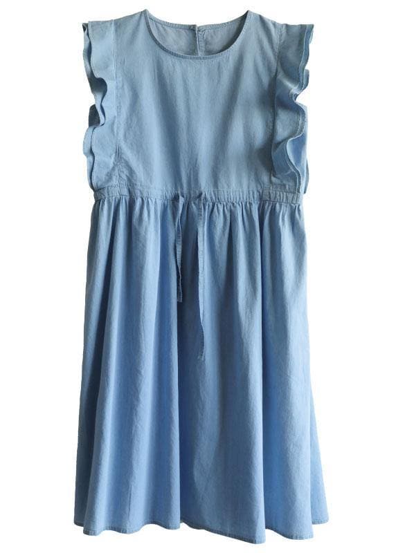 Denim Light Blue O-Necktie Waist Summer Cotton Dresses Sleeveless