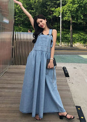 Diy Blue Slash Neck Wrinkled Pockets Denim Dress Sleeveless