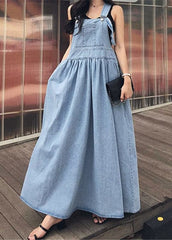 Diy Blue Slash Neck Wrinkled Pockets Denim Dress Sleeveless