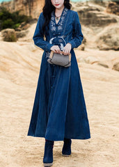 Elegant Blue V Neck Embroideried button Cotton Denim Long Dresses Long Sleeve