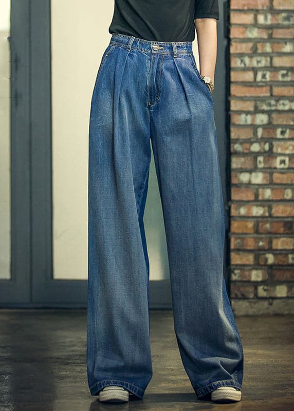 Pantalon large et ample en coton avec poches taille haute et boutons en denim bleu élégant pour le printemps