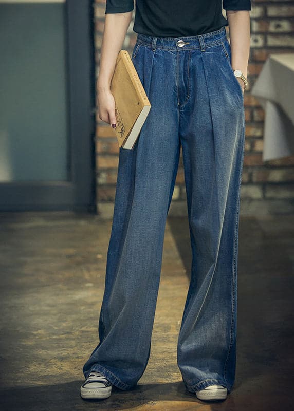 Pantalon large et ample en coton avec poches taille haute et boutons en denim bleu élégant pour le printemps