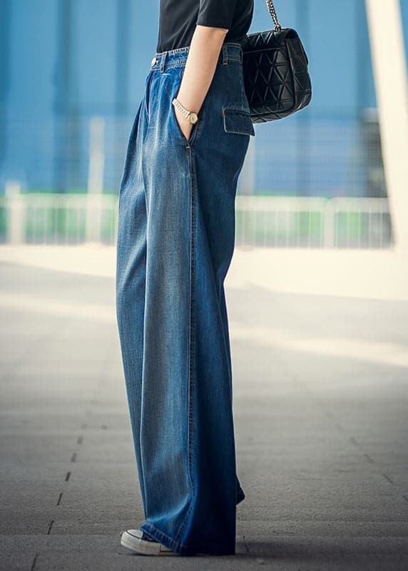 Pantalon large et ample en coton avec poches taille haute et boutons en denim bleu élégant pour le printemps