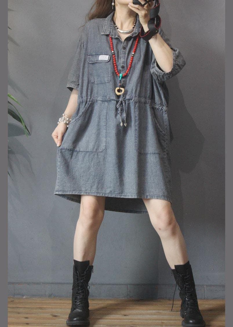 Elegant Denim tie waist Turn-down Collar Maxi Summer Cotton Dress