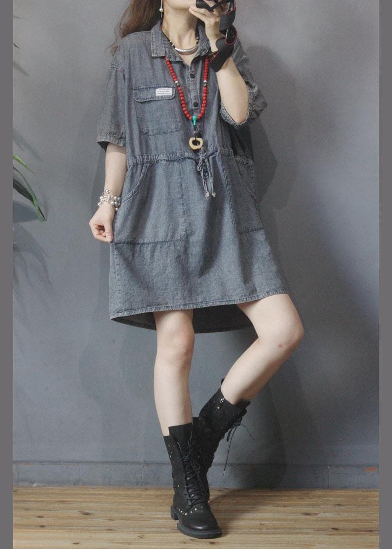 Elegant Denim tie waist Turn-down Collar Maxi Summer Cotton Dress