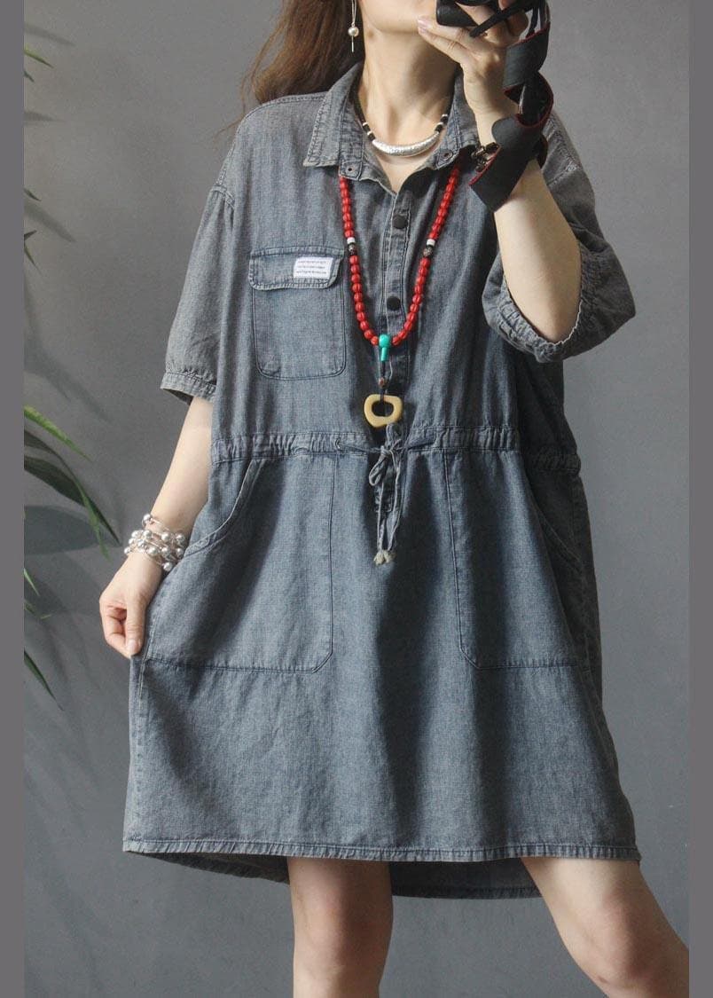 Elegant Denim tie waist Turn-down Collar Maxi Summer Cotton Dress