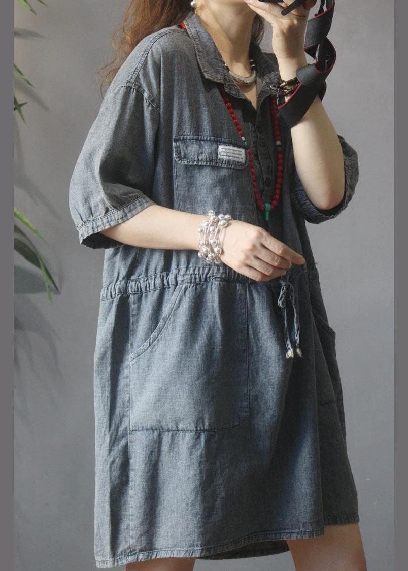 Elegant Denim tie waist Turn-down Collar Maxi Summer Cotton Dress