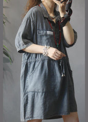 Elegant Denim tie waist Turn-down Collar Maxi Summer Cotton Dress