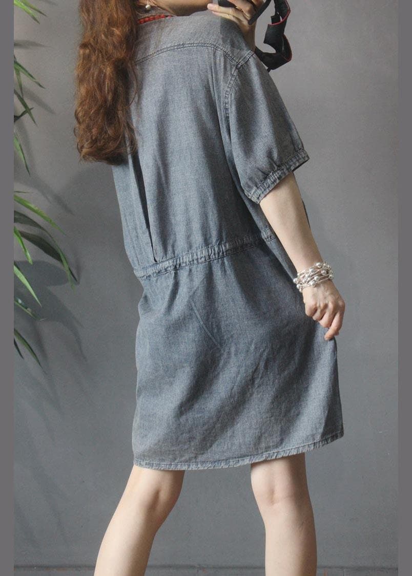 Elegant Denim tie waist Turn-down Collar Maxi Summer Cotton Dress