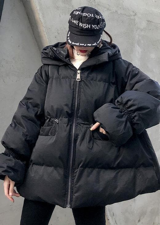 Veste d'hiver ample et élégante avec cordon de serrage pour femme, parka noire à capuche