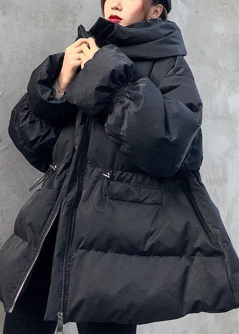 Veste d'hiver ample et élégante avec cordon de serrage pour femme, parka noire à capuche