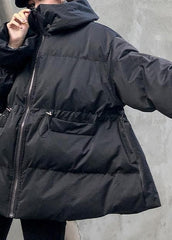 Veste d'hiver ample et élégante avec cordon de serrage pour femme, parka noire à capuche