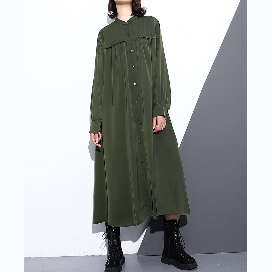 Elegant army green autumn silk cotton blended dress plus size stand collar silk cotton blended clothing dresses 2018 pockets Cinched long dresses