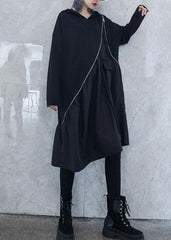 Elegant black cotton Wardrobes zippered long fall Dress